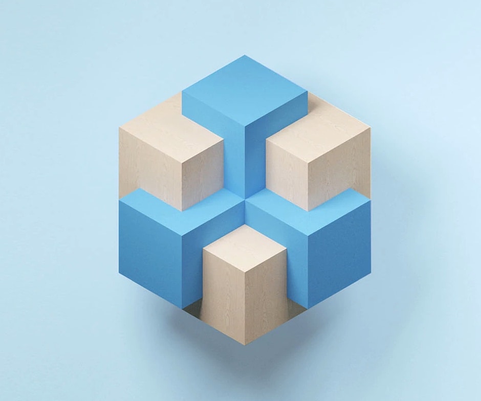 3D Blue and white cubes arranged to form a 2D hexagon against light blue background