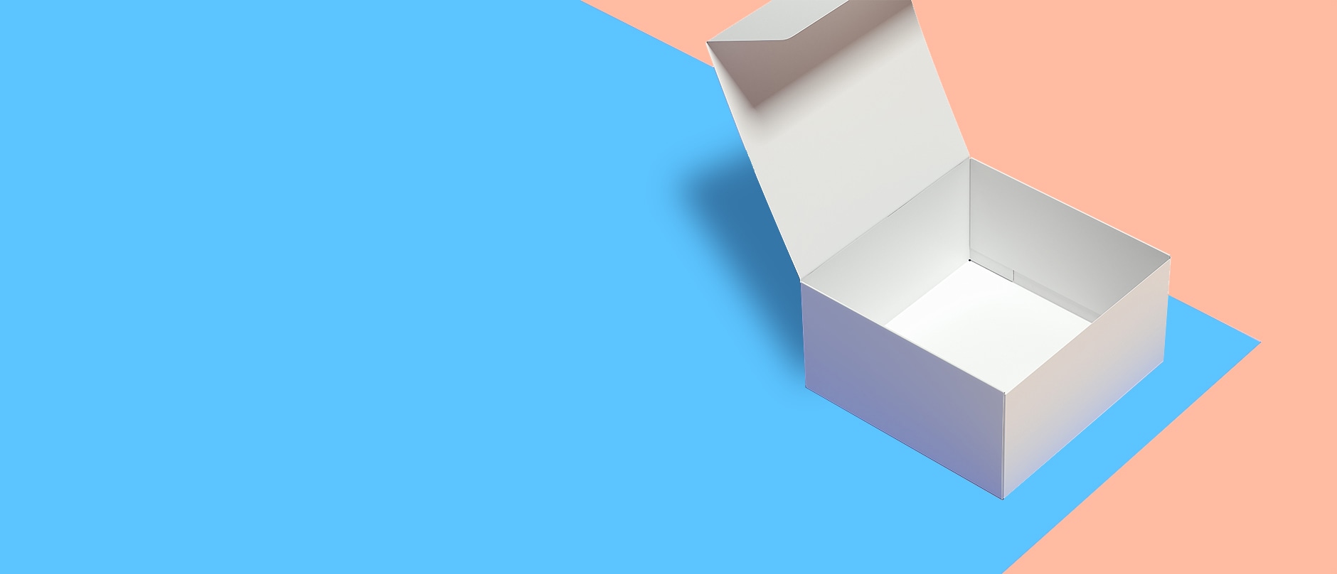 open white box on blue and peach background