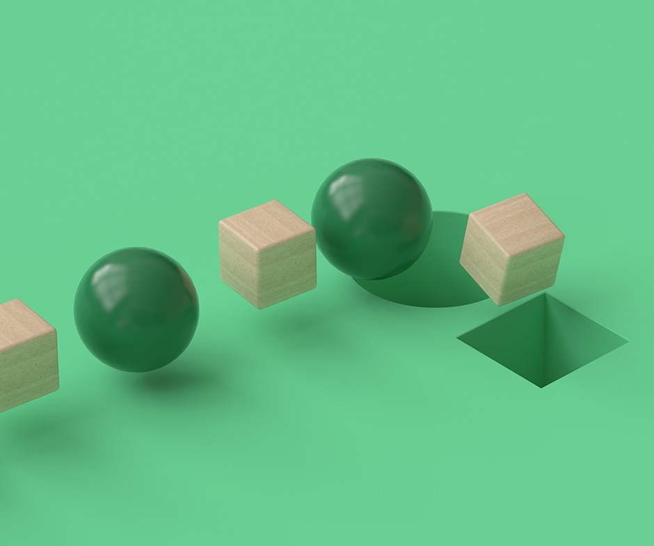 green balls and wooden cubes